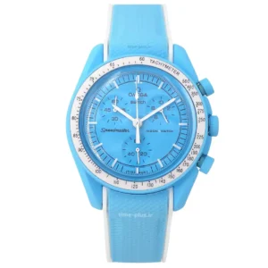 ساعت مچی زنانه امگاسواچ مدل Mission To Uranus ترکیب آبی آسمانی و سفید الهام گرفته از رنگ‌های سیاره اورانوس