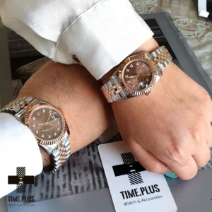 ساعت مچی ست زنانه و مردانه رولکس مدل دیت جاست قهوه ای